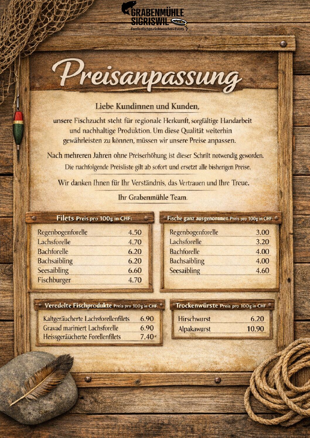 Preisanpassung für unsere Produkte